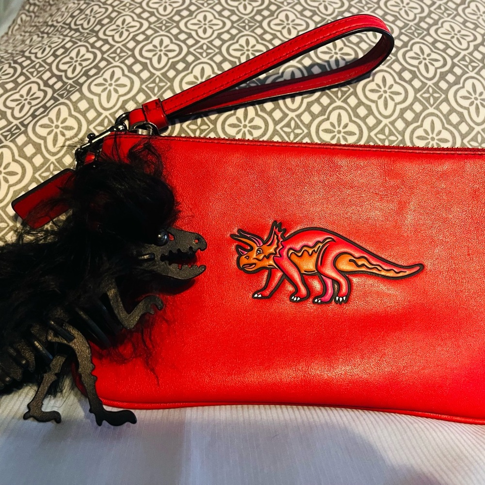 AUTHENTIC COACH RED LEATHER STEGOSAURUS WRISTLET W/SM. LEATHER REXY W/MOHAWK SET